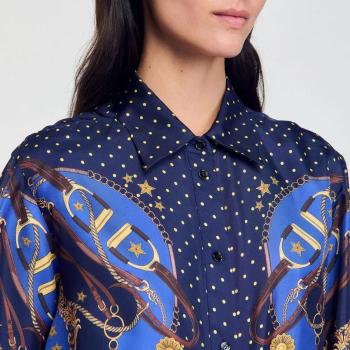 Tops and Shirts Women SANDRO Patterned Silk Shirt Navy Gold