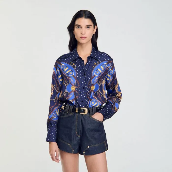 Tops and Shirts Women SANDRO Patterned Silk Shirt Navy Gold