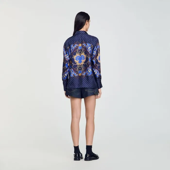 Tops and Shirts Women SANDRO Patterned Silk Shirt Navy Gold