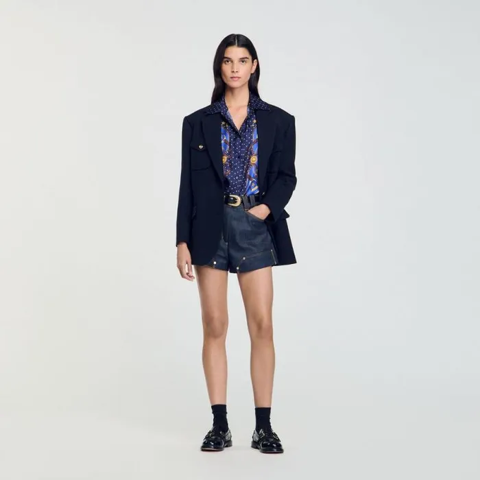 Tops and Shirts Women SANDRO Patterned Silk Shirt Navy Gold
