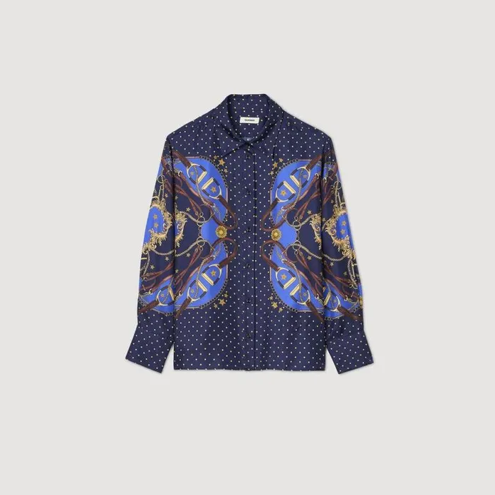 Tops and Shirts Women SANDRO Patterned Silk Shirt Navy Gold