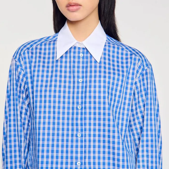 Tops and Shirts Women SANDRO Short Checked Shirt Royal Blue