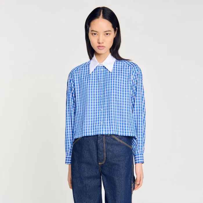 Tops and Shirts Women SANDRO Short Checked Shirt Royal Blue