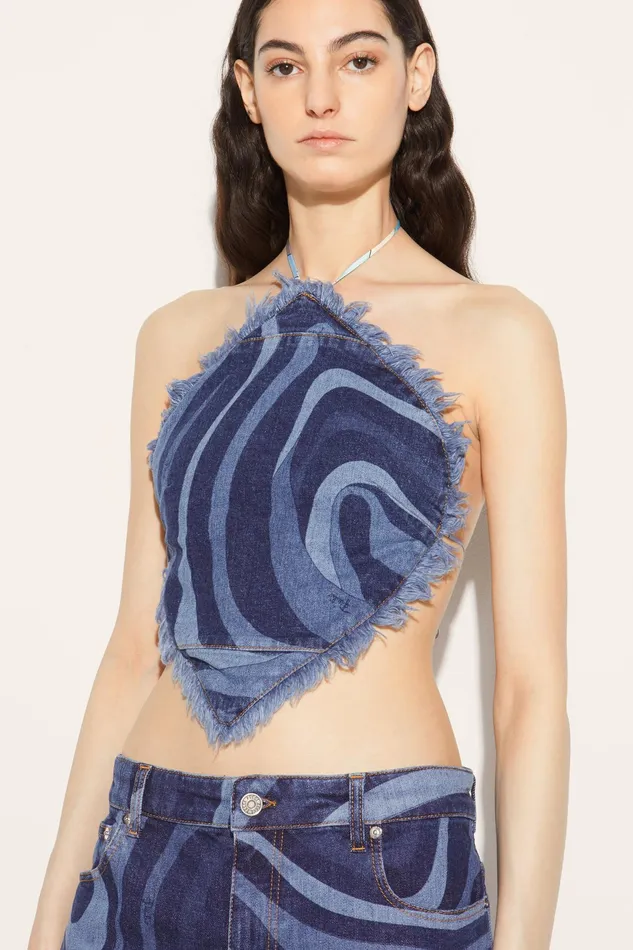 Tops And Shirts Women PUCCI MarmoPrint Denim Halterneck Top