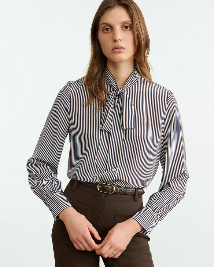 Tops Nili Lotan Women IRINA SILK BLOUSE IvyBrnNavy Stripe