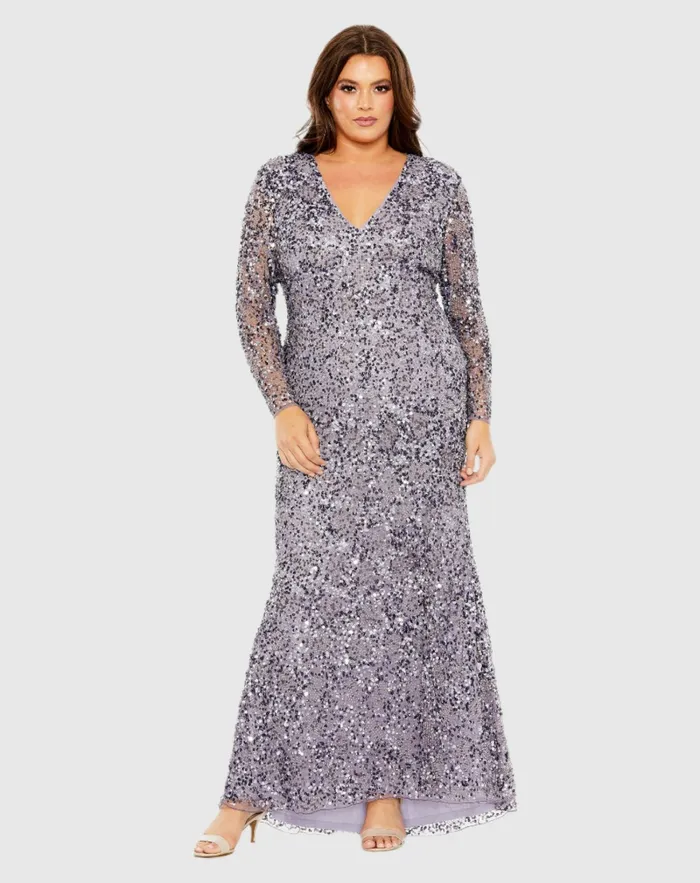 V Neck Embellished Long Sleeve Dress Vintage Lilac Plus Size Dresses Mac Duggal Women