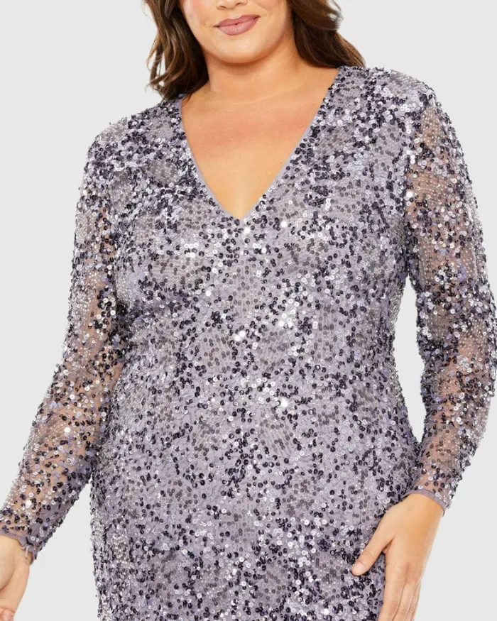 V Neck Embellished Long Sleeve Dress Vintage Lilac Plus Size Dresses Mac Duggal Women