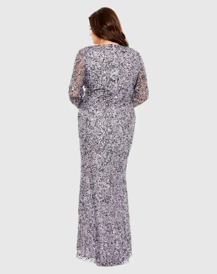 V Neck Embellished Long Sleeve Dress Vintage Lilac Plus Size Dresses Mac Duggal Women