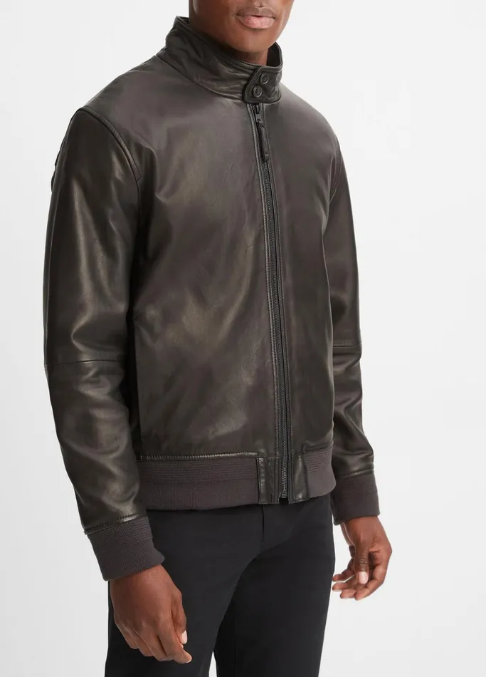 Vince Jackets and Outerwear Men Leather Harrington Bomber Jacket Black