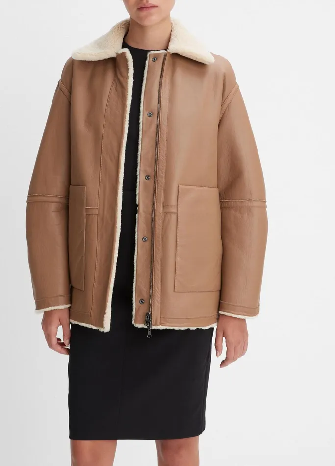 Vince Jackets and Outerwear Women Reversible Plush Shearling Jacket Creambeech
