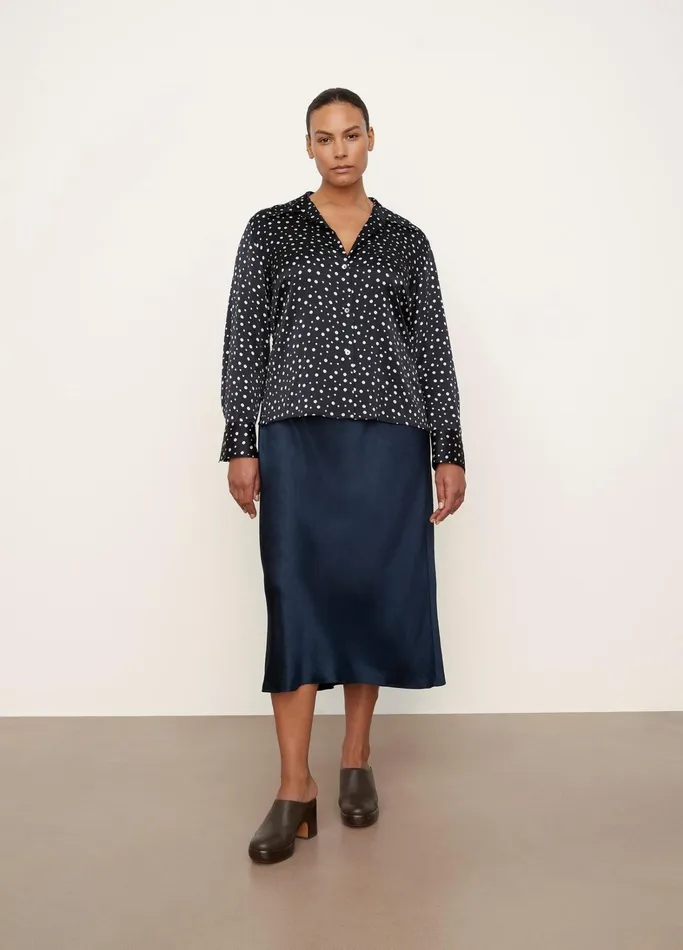 Vince Shirts and Tops Women Silk Tossed Dot Fitted Collar Blouse Deep Marine