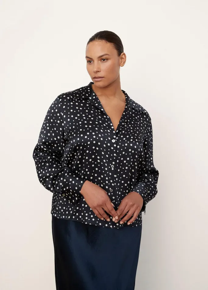 Vince Shirts and Tops Women Silk Tossed Dot Fitted Collar Blouse Deep Marine