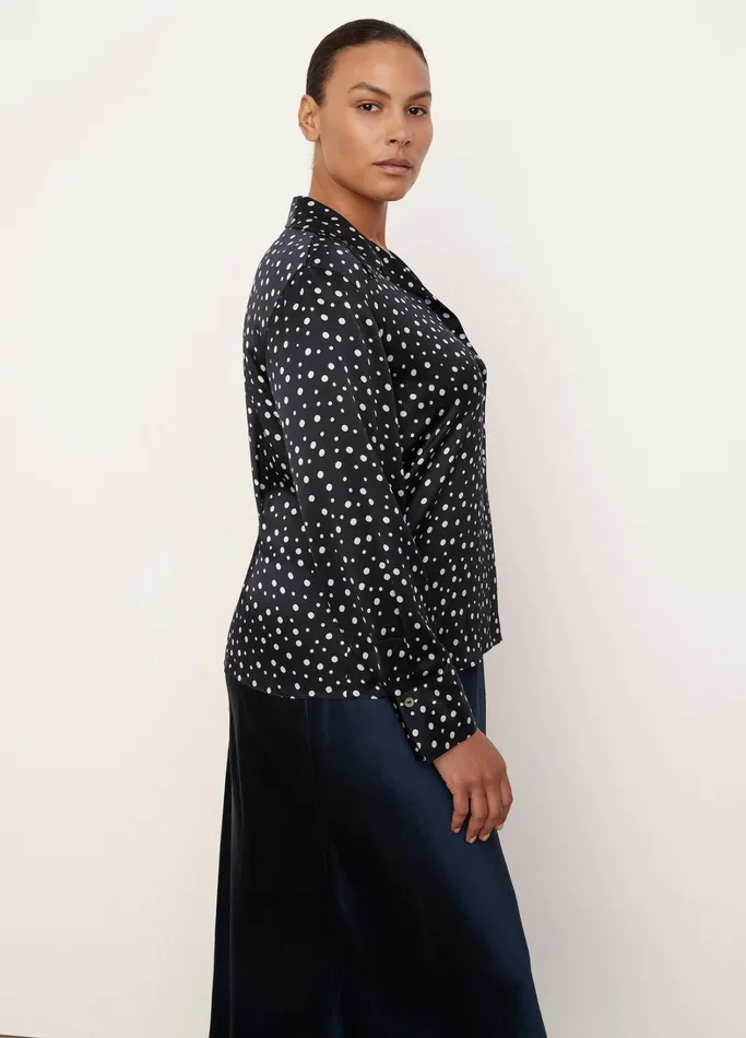 Vince Shirts and Tops Women Silk Tossed Dot Fitted Collar Blouse Deep Marine
