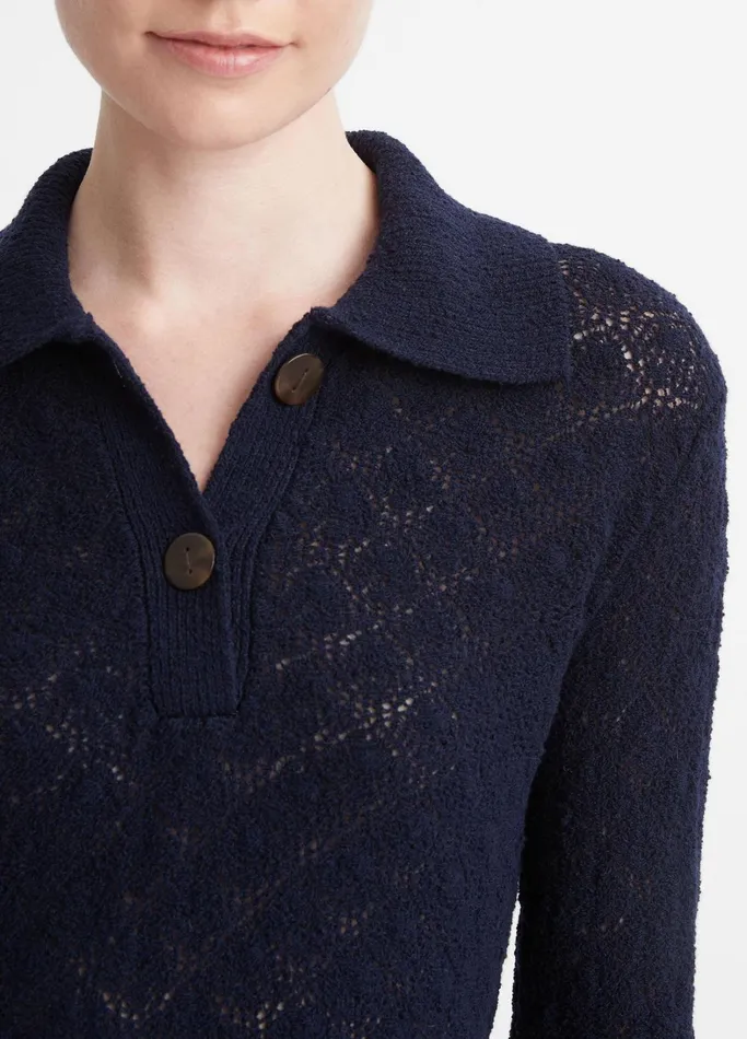 Vince Sweaters Women Italian WoolBlend LaceStitch Polo Sweater Coastal Blue