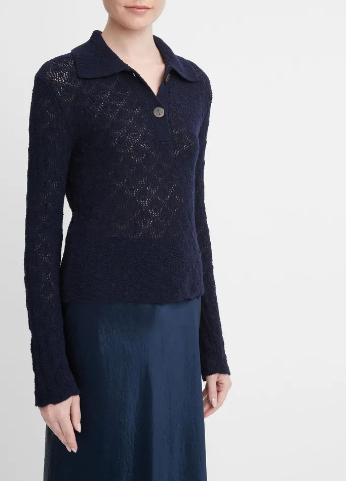 Vince Sweaters Women Italian WoolBlend LaceStitch Polo Sweater Coastal Blue