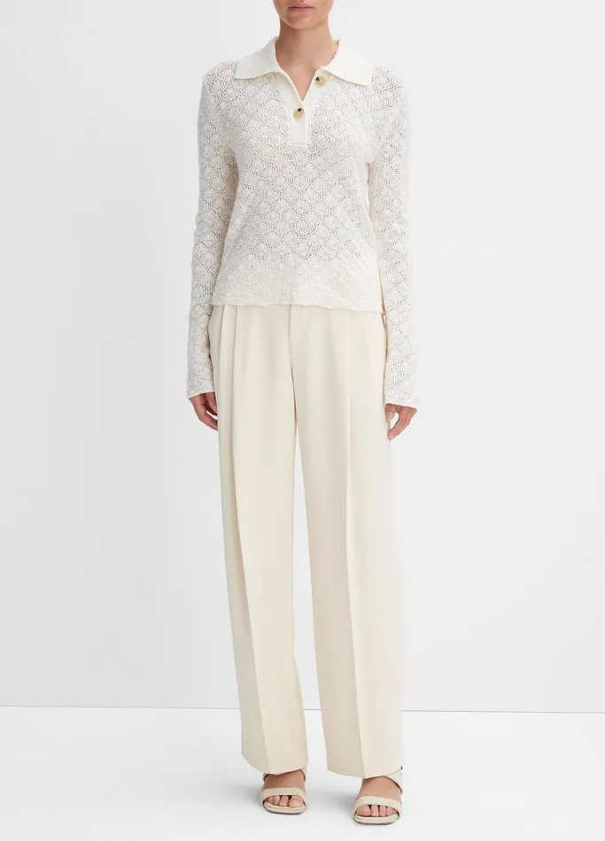 Vince Sweaters Women Italian WoolBlend LaceStitch Polo Sweater Off White