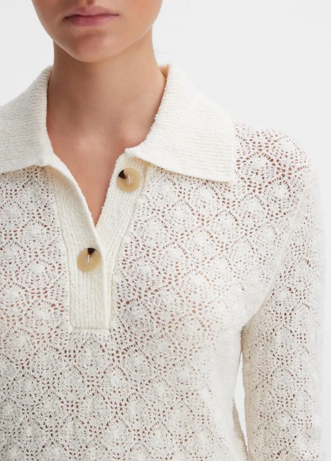 Vince Sweaters Women Italian WoolBlend LaceStitch Polo Sweater Off White