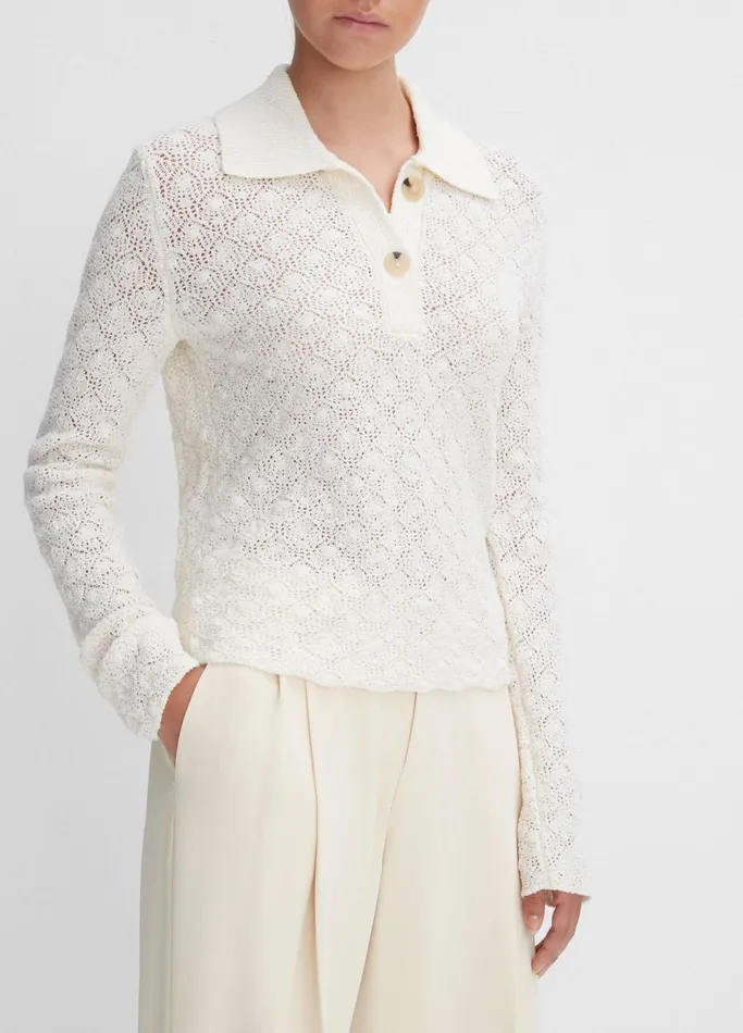 Vince Sweaters Women Italian WoolBlend LaceStitch Polo Sweater Off White