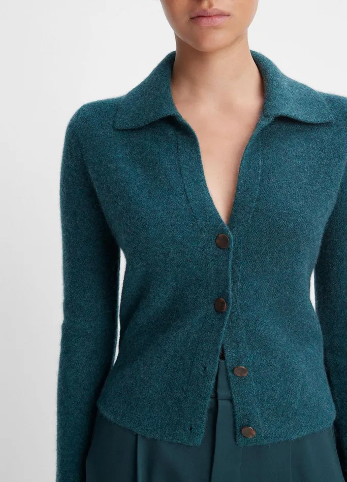 Vince Sweaters Women Plush Cashmere Polo Cardigan Heather Sea Quartz