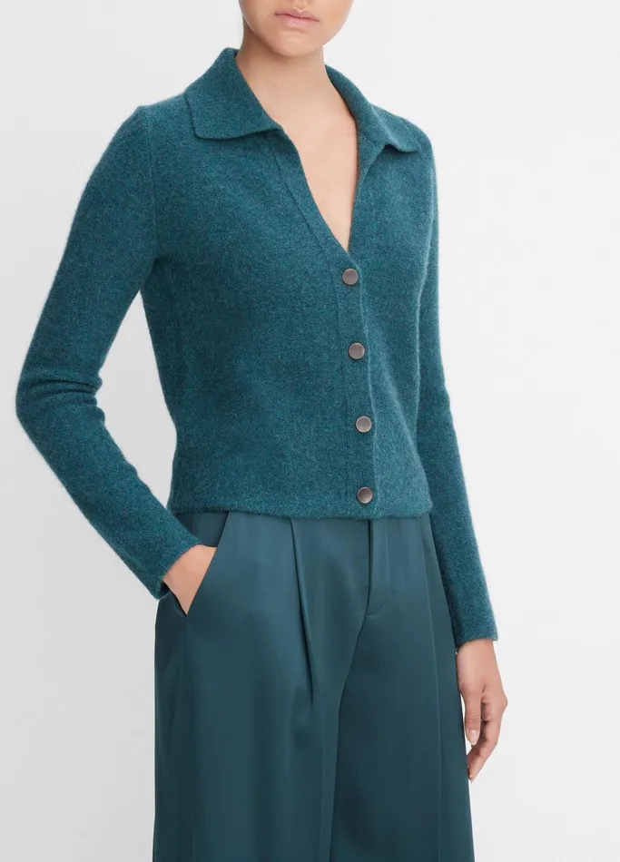 Vince Sweaters Women Plush Cashmere Polo Cardigan Heather Sea Quartz