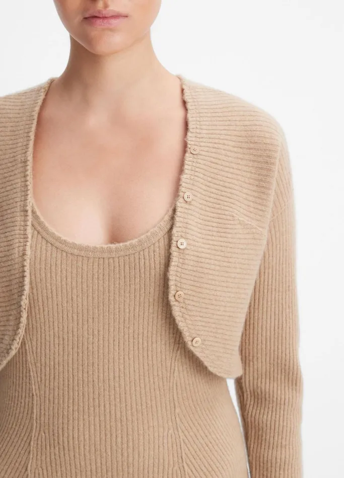 Vince Sweaters Women Ribbed Wool And Cashmere RawEdge Bolero Cashew