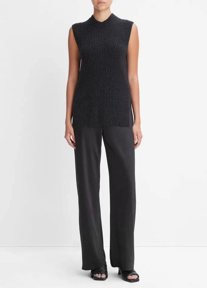 Vince Sweaters Women Ribbed Wool And Cashmere Sleeveless Tunic Sweater Heather Charcoal