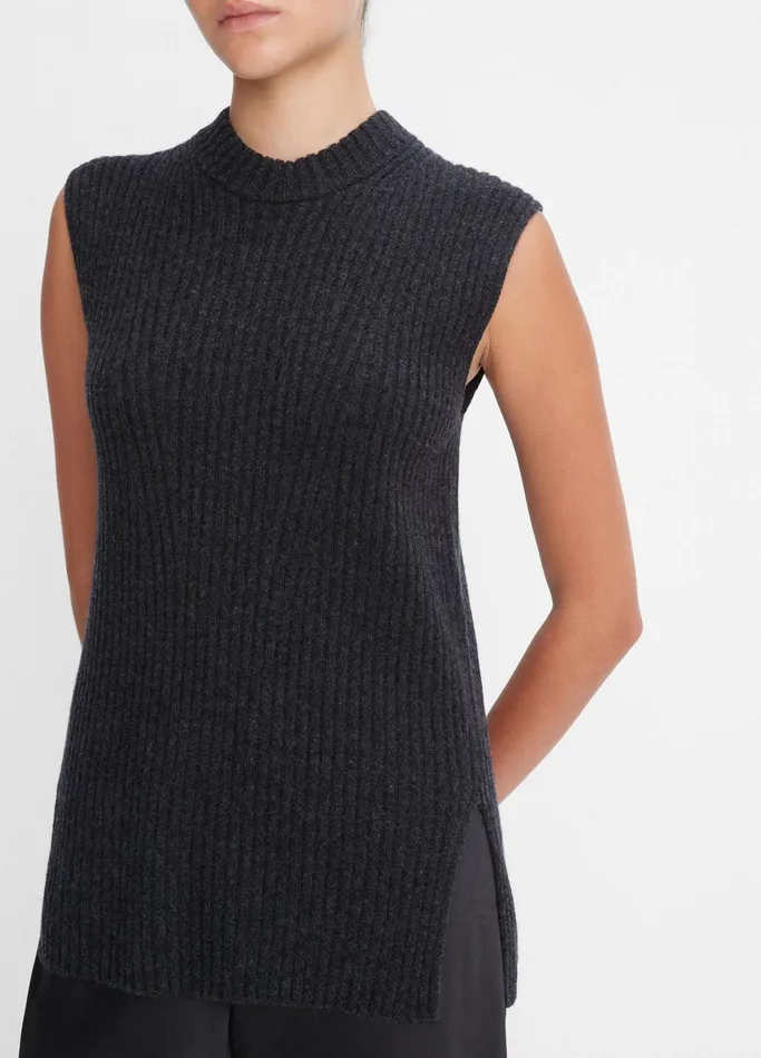 Vince Sweaters Women Ribbed Wool And Cashmere Sleeveless Tunic Sweater Heather Charcoal