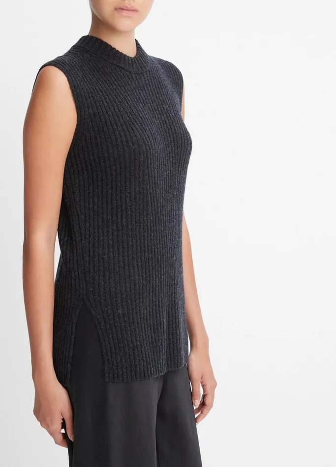 Vince Sweaters Women Ribbed Wool And Cashmere Sleeveless Tunic Sweater Heather Charcoal
