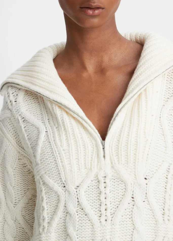 Vince Sweaters Women Wool Cable HalfZip Pullover Off White