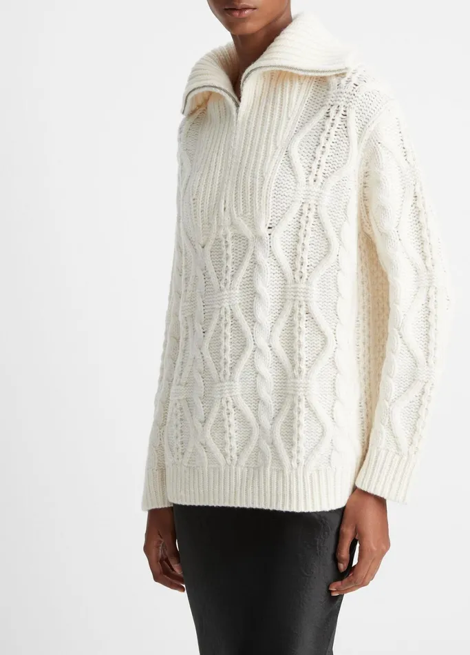 Vince Sweaters Women Wool Cable HalfZip Pullover Off White