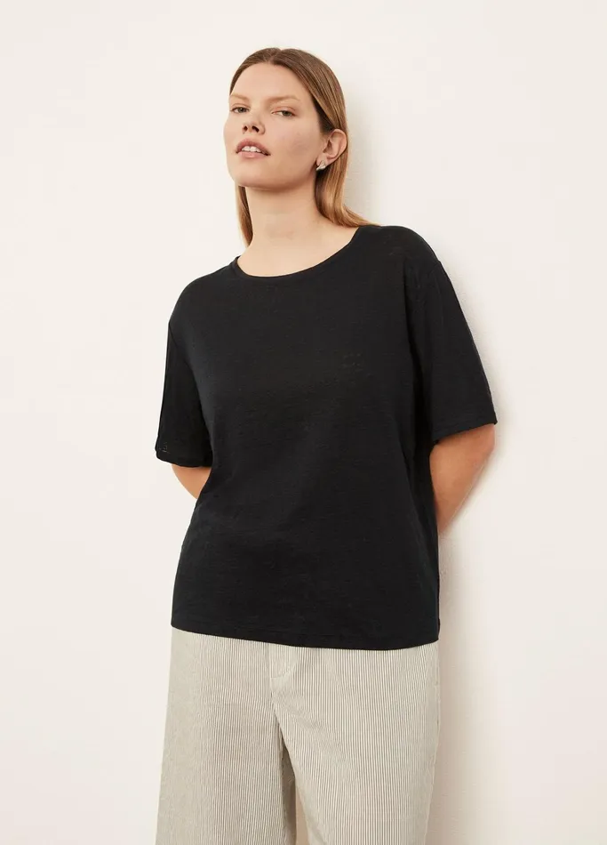 Vince TShirts Women Linen Short Sleeve Relaxed Crew Neck TShirt Coastal Blue
