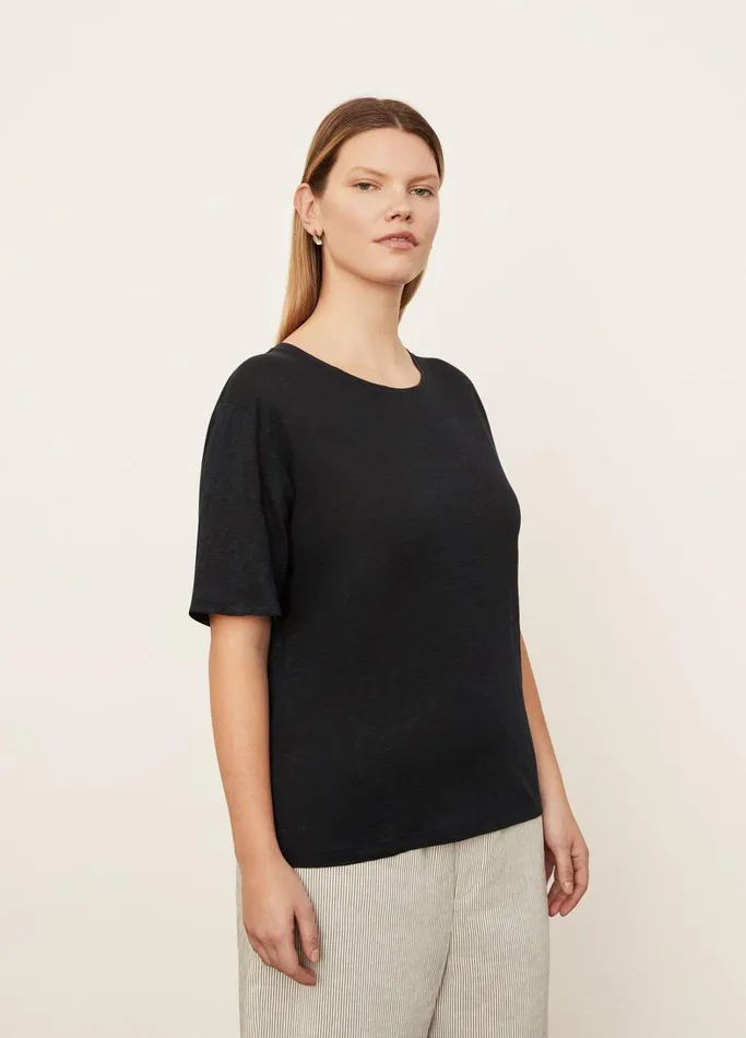 Vince TShirts Women Linen Short Sleeve Relaxed Crew Neck TShirt Coastal Blue