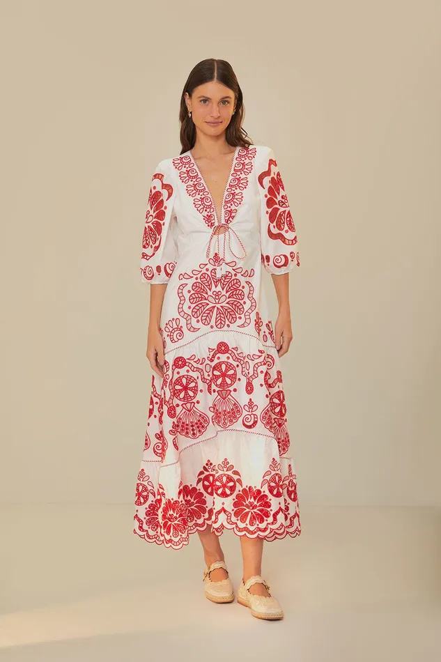 White Richelieu V Neck Maxi Dress Women Farm Rio Maxi Dresses