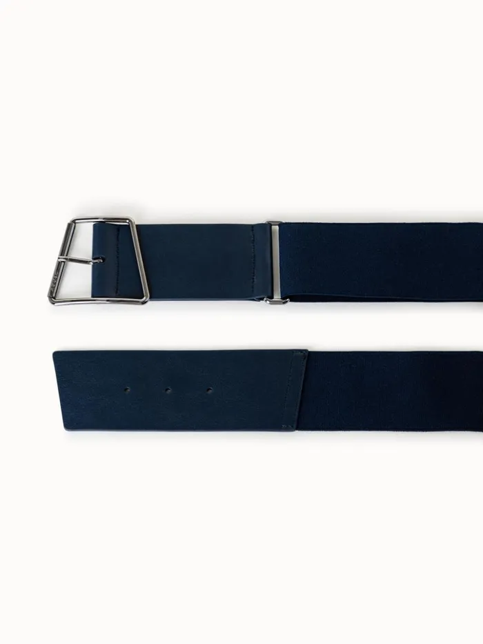 Wide Leather And Elastic Belt With Trapezoid Buckle Navy Women Akris Belts