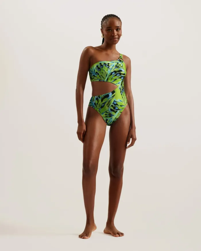 Women ALFIEEA 8211 Printed One Shoulder Cut Out Swimsuit Lime Ted Baker Swimwear and Beachwear