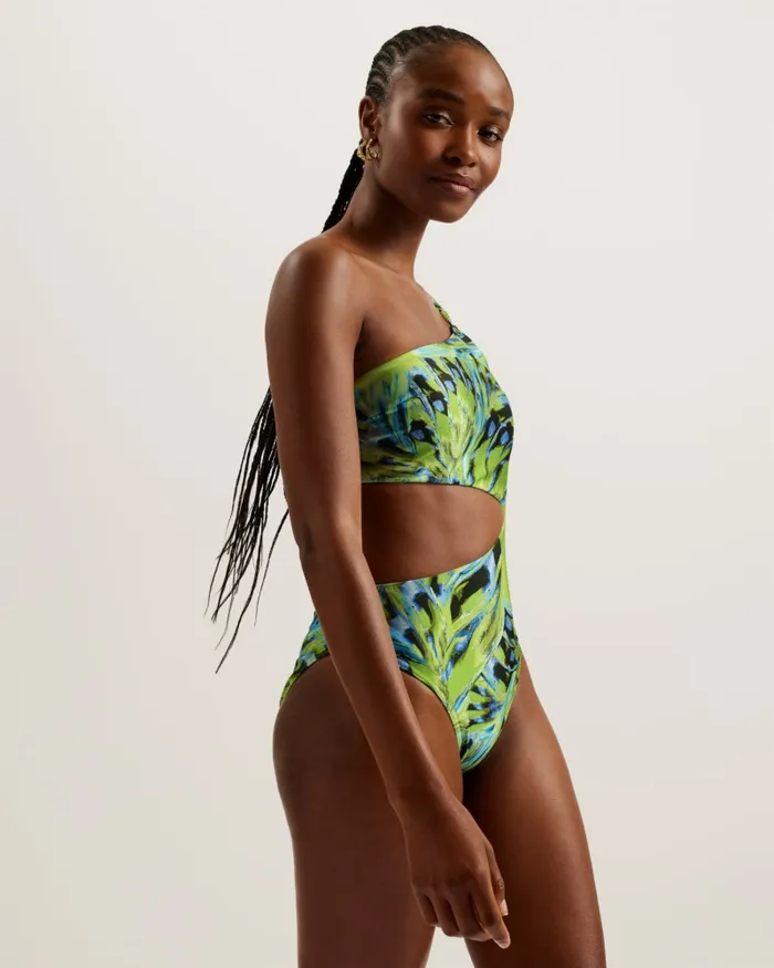 Women ALFIEEA 8211 Printed One Shoulder Cut Out Swimsuit Lime Ted Baker Swimwear and Beachwear