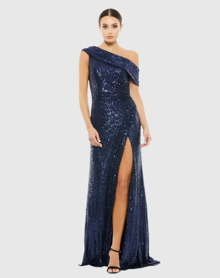 Women Best Sellers Mac Duggal Navy Sequined Drop Shoulder Gown Midnight