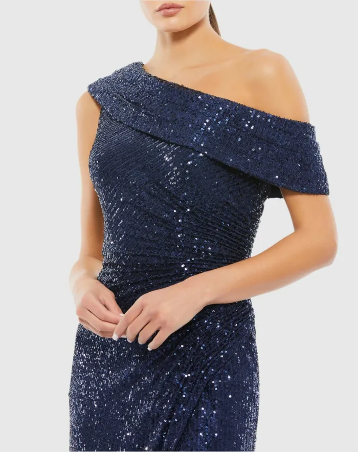 Women Best Sellers Mac Duggal Navy Sequined Drop Shoulder Gown Midnight