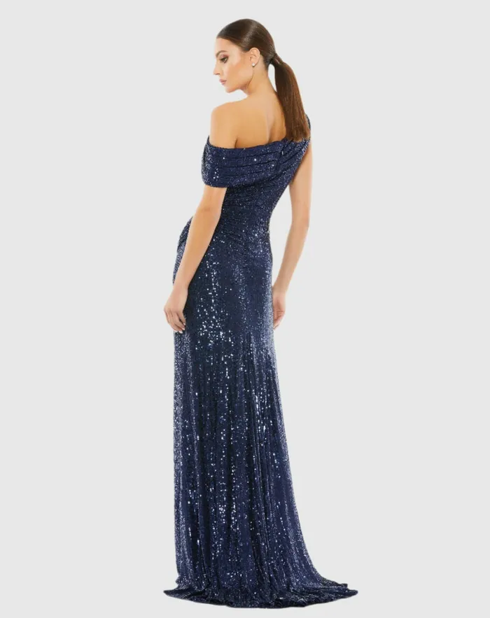 Women Best Sellers Mac Duggal Navy Sequined Drop Shoulder Gown Midnight