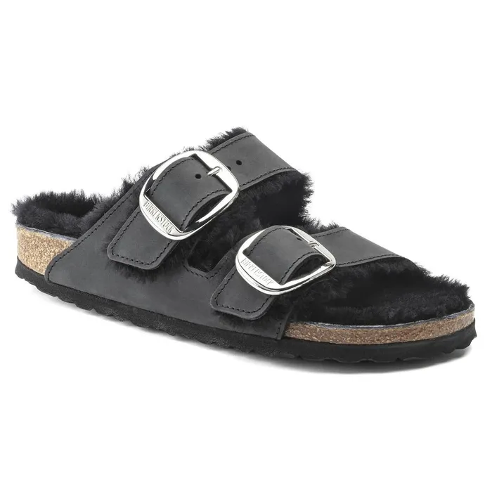 Women Birkenstock TwoStrap Arizona Big Buckle Shearling Black