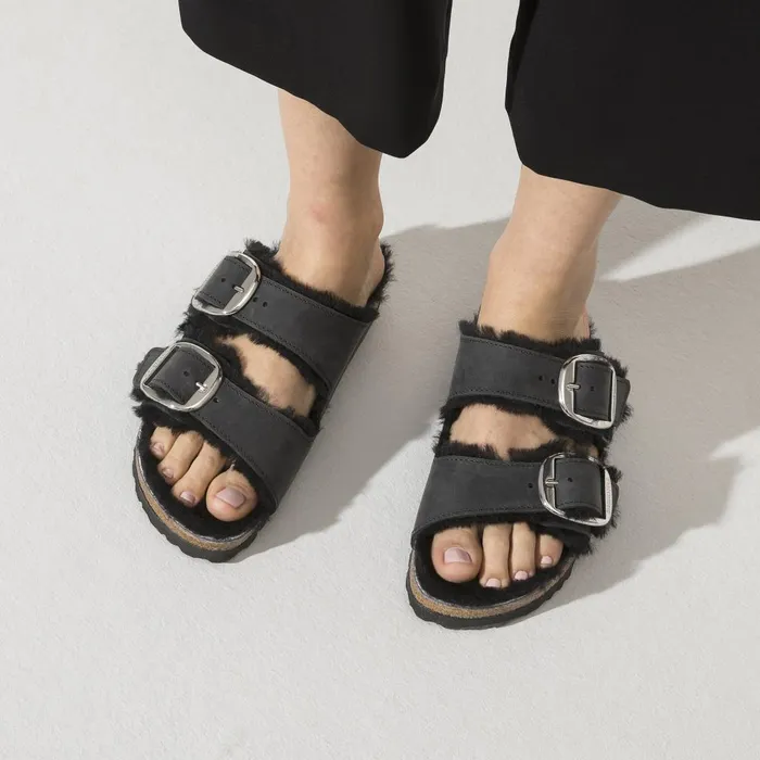 Women Birkenstock TwoStrap Arizona Big Buckle Shearling Black