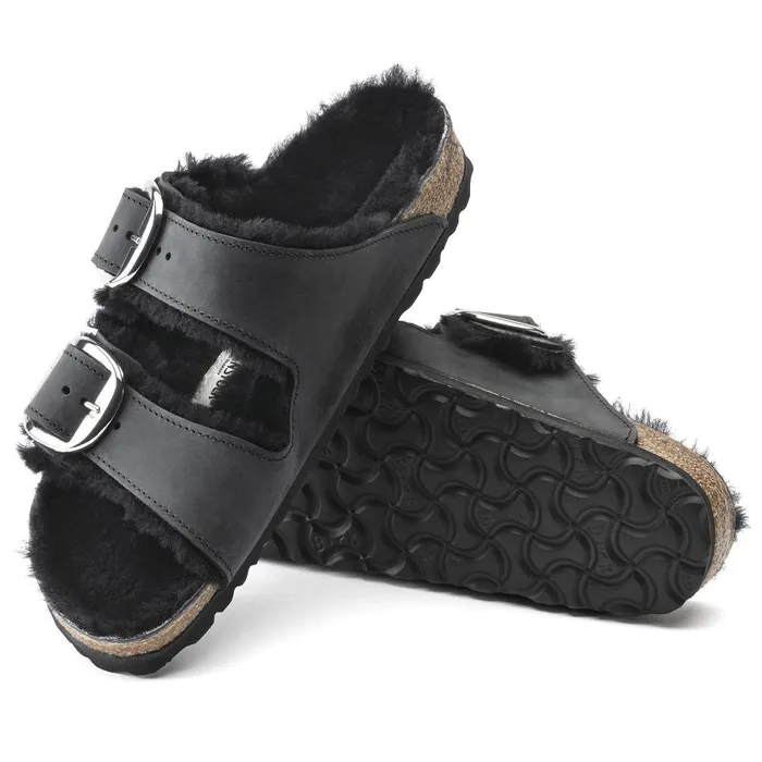 Women Birkenstock TwoStrap Arizona Big Buckle Shearling Black