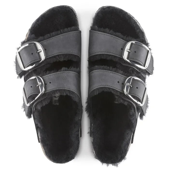 Women Birkenstock TwoStrap Arizona Big Buckle Shearling Black
