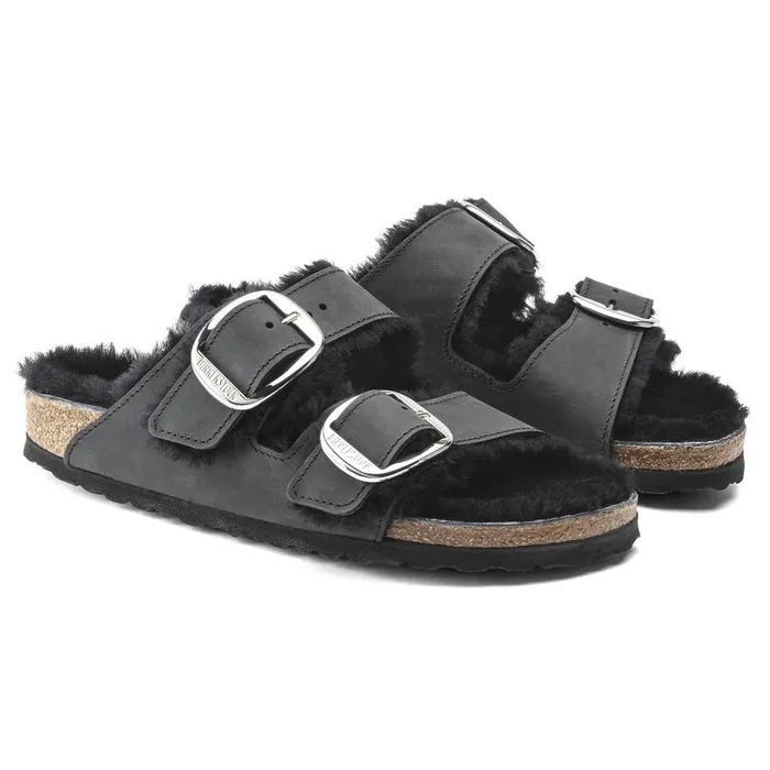Women Birkenstock TwoStrap Arizona Big Buckle Shearling Black