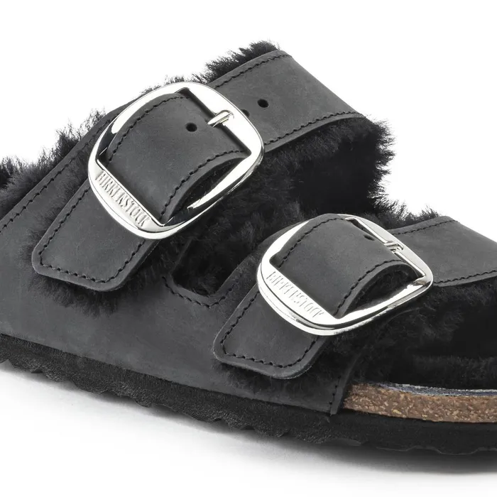 Women Birkenstock TwoStrap Arizona Big Buckle Shearling Black