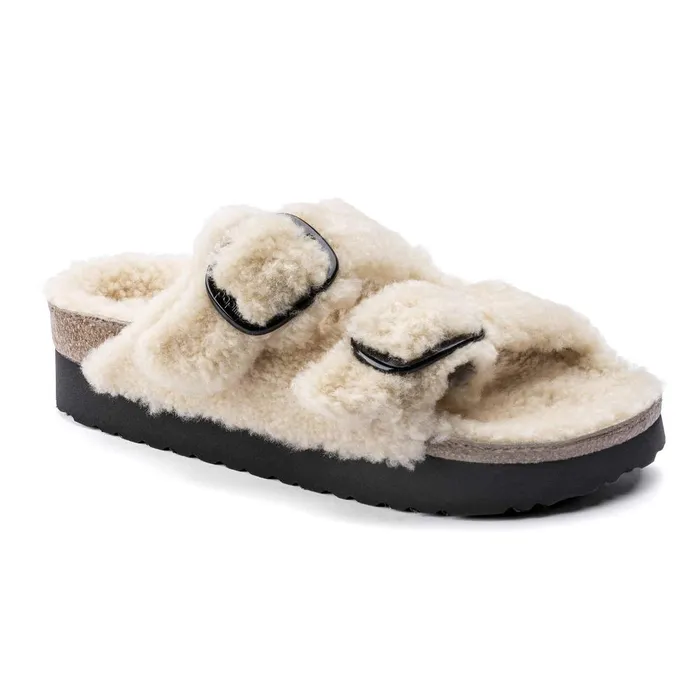 Women Birkenstock TwoStrap Arizona Big Buckle Shearling Teddy Eggshell