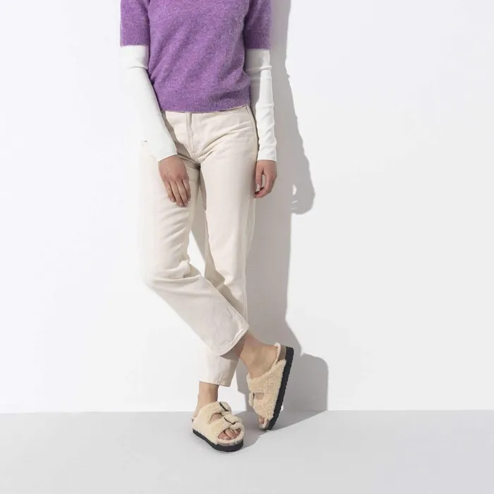 Women Birkenstock TwoStrap Arizona Big Buckle Shearling Teddy Eggshell