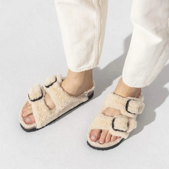 Women Birkenstock TwoStrap Arizona Big Buckle Shearling Teddy Eggshell