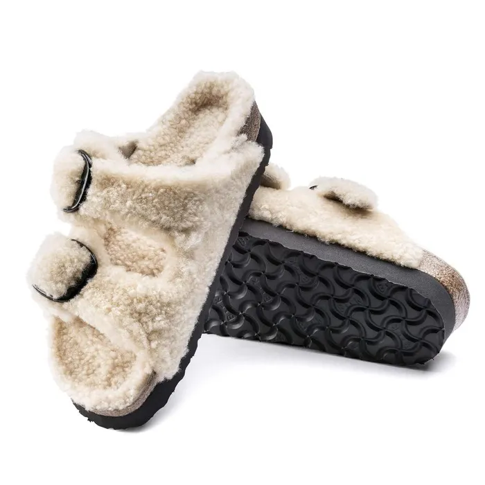 Women Birkenstock TwoStrap Arizona Big Buckle Shearling Teddy Eggshell