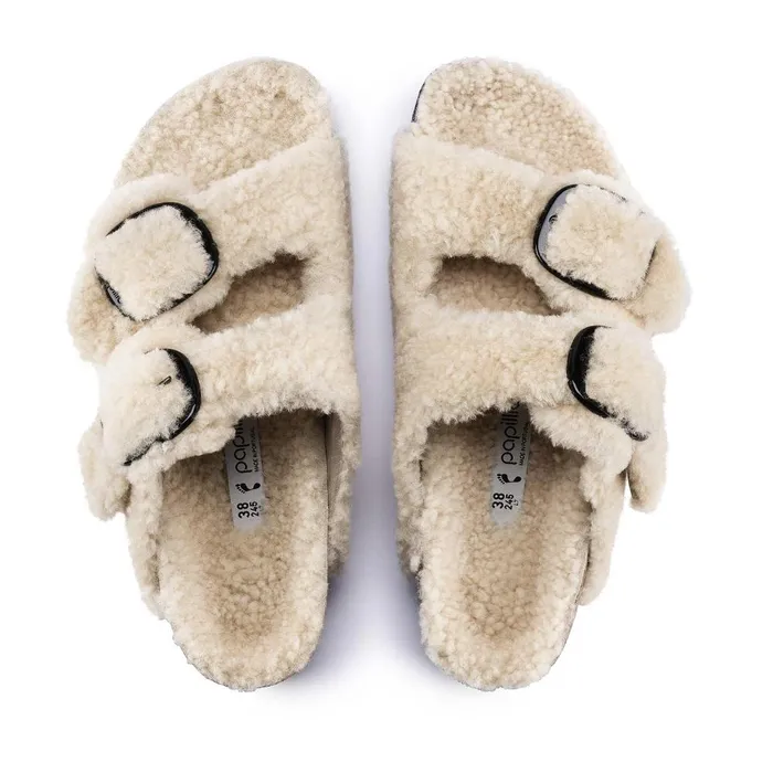 Women Birkenstock TwoStrap Arizona Big Buckle Shearling Teddy Eggshell
